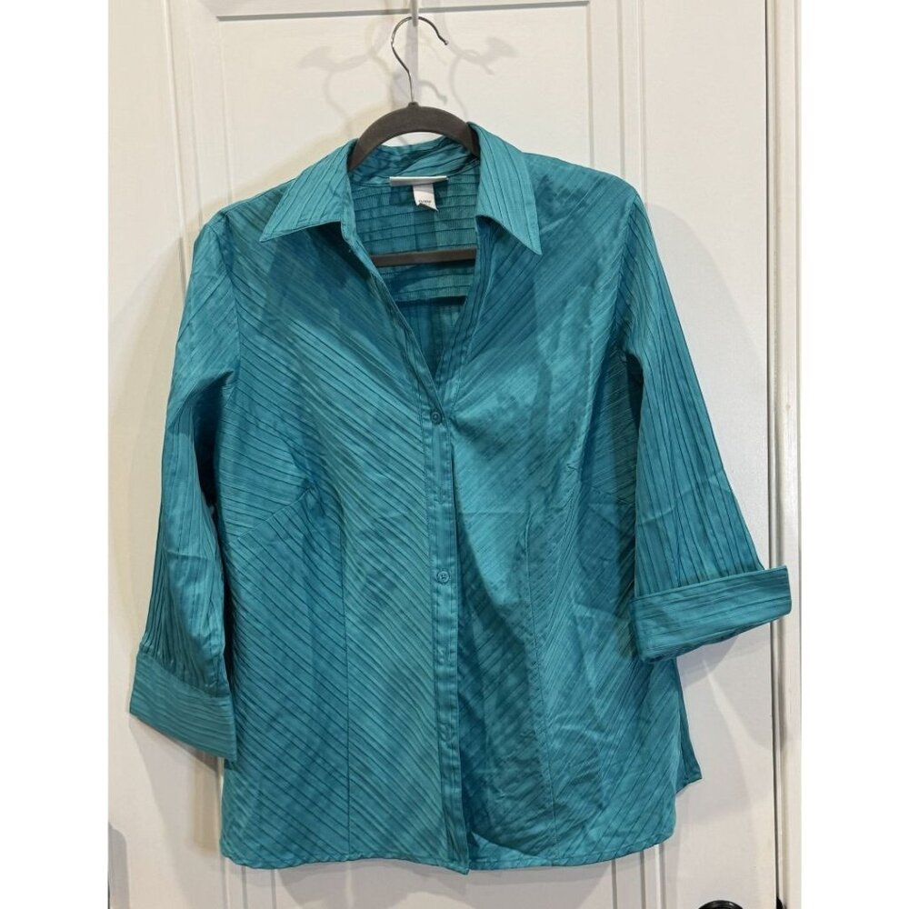 Dressbarn Teal Button Down Pleated Texture 3/4 Sleeves Perfect for Spring EUC